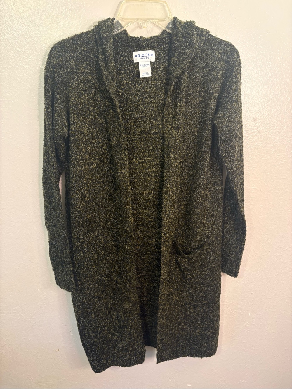 Vtg Arizona Jean Dark Olive Green very soft fuzzy hooded cardigan sweater Small